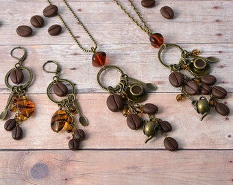 Coffee beans, teapot, coffee cup necklace or coffee & spoon earrings - great gift for coffee lovers