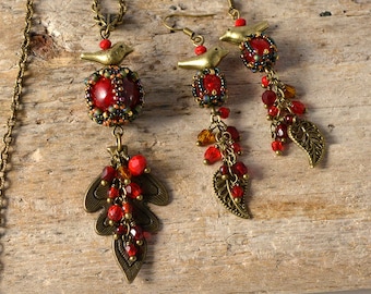 Autumn red berries, leaves & birds - beadwoven jewelry set