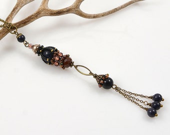 Starry night Beadwoven long pendant-2 with blue goldstone beads