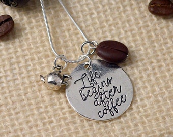 Coffee bean, teapot and coffee charm necklace - life begins after coffee