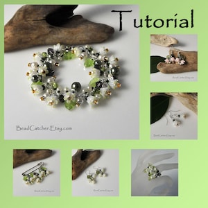 Könnte beinhalten: Eine Anleitung zum Herstellen von Schmuck mit weißen, grünen und goldenen Perlen. Die Anleitung enthält Anweisungen zum Herstellen eines Armbands, Ohrringen, eines Rings und einer Brosche. Die Website BeadCatcher.Etsy.com ist im Bild zu sehen.