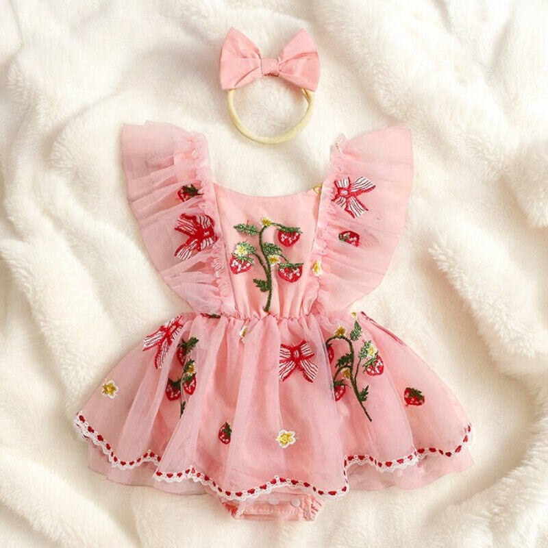 Nautinati Baby Pink Strawberry Embroidered Dress for Infant Girls