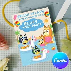 Editable Bluey Pool Party Birthday Invitation, Bluey Birthday Invitation, Summer Birthday Party Invitation, Pool Party Invite