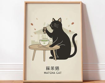 Black cat drinking matcha, Japan art print, Japanese wall decor, Neutral minimalist poster, Aesthetic wall art, Unique Cat Lover Gift