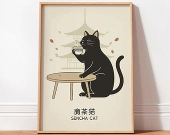Czarny kot pijący herbatę – grafika ścienna, wydruk z Japonii, japońska dekoracja ścienna, japoński minimalistyczny plakat, estetyczna sztuka ścienna, prezent dla miłośnika czarnych kotów