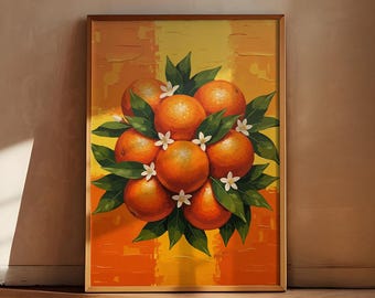 May include: A framed painting of a cluster of oranges, green leaves, and white blossoms. The oranges are a vibrant orange color, and the background is a blend of yellow and orange hues. The artwork is in a gold frame.
