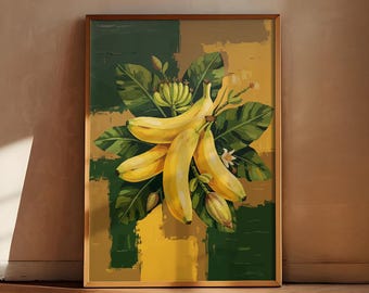 May include: A framed art print featuring a bunch of ripe yellow bananas with green leaves and flowers. The background has a textured, abstract design in shades of green and yellow. The frame is a warm gold color.