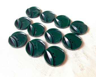 Green carved vintage buttons, set of 10, 21mm 3/4 inch, lovely dark celluloid buttons for cardigan or jacket, mid-century vintage