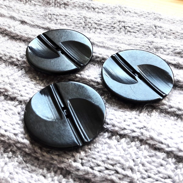 art deco buttons, set of 3, 37mm 1 1/2 inch, large black carved celluloid, vintage mid-century buttons for Jacket or Coat