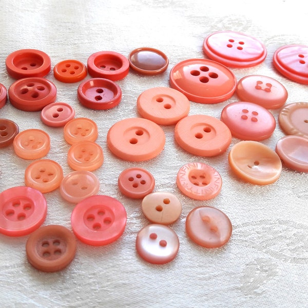 coral vintage buttons, mixed lot of 50, 11mm - 25mm, bright buttons for textiles and crafts