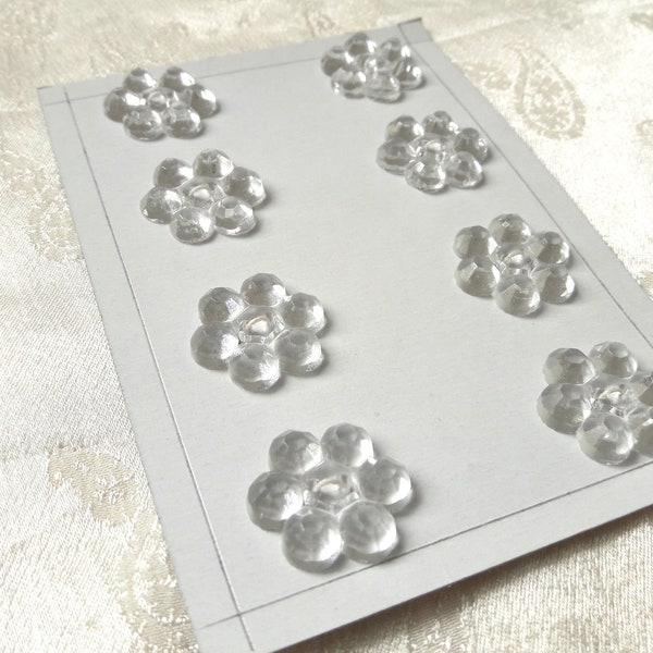 faceted crystal flower button card, set of 8, medium 18 mm 3/4 inch, 1950s 1960s 1970s, Austrian crystal, glamorous cardigan or jacket