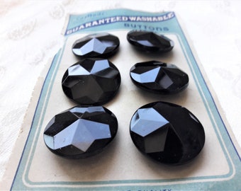 black faceted Czech glass buttons,card of 6, large 28 mm 1 1/8 inches, glamorous buttons for coat or jacket, gem shape buttons