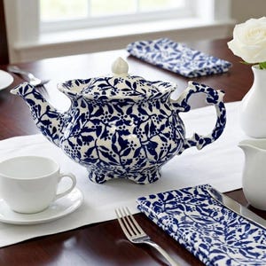 Vintage viktoriansk blå och vit chintz-tekanna med lock – Tillverkad i England