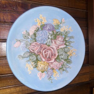 VTG large floral pastel round ceramic hand painted 1960s MCM Chalkware