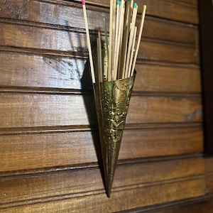 VTG gold brass fireplace long match cone holder with design