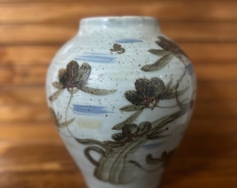 Vintage Asian greenery ceramic hand painted vase / brush pot / jar
