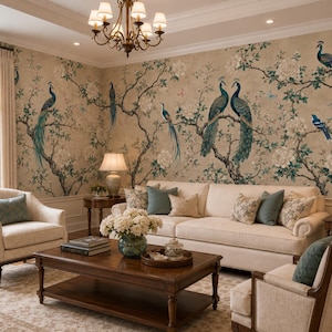 May include: A living room featuring wallpaper with a pattern of teal peacocks and white flowers on a beige background. The room includes a cream-coloured sofa, two matching armchairs, a dark wood coffee table, and two side tables with lamps.