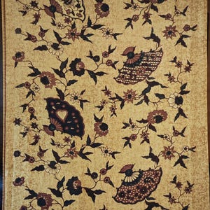Stamped Batik Fabric, Handcrafted Indonesian Cotton, Fan & Floral Motif Boho Textile, Earth Tone Sewing Supply, 214x106cm