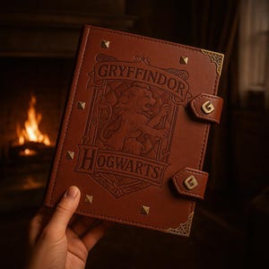 May include: A brown leather-bound journal with the Gryffindor crest embossed on the cover. The cover features the words "GRYFFINDOR" and "HOGWARTS" in gold lettering, along with decorative metal studs and clasps. The journal is held in a person's hand.