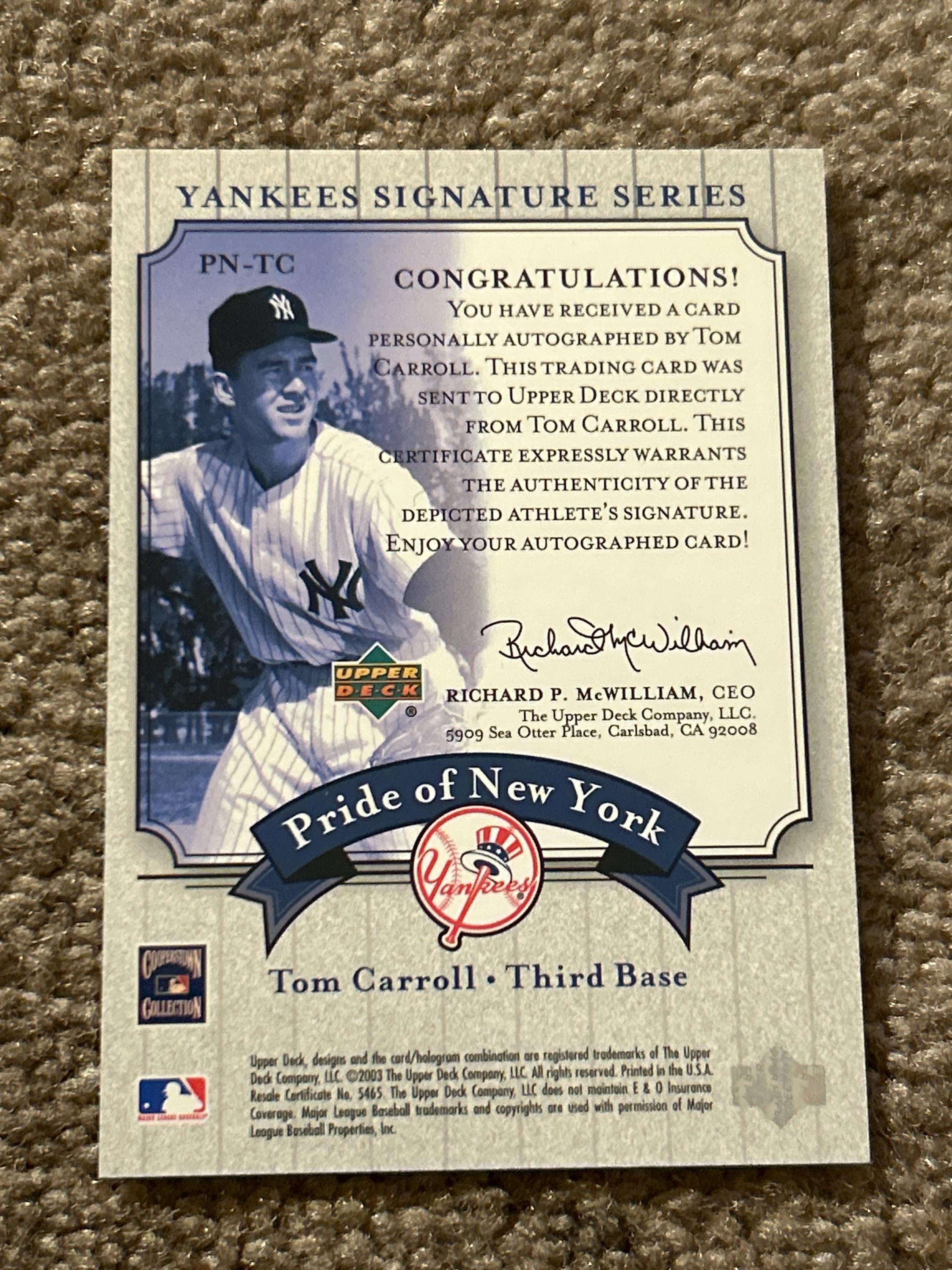 Tom Carroll Reds Tom Carroll UD Yankees Signature Series Autograph Card - Etsy