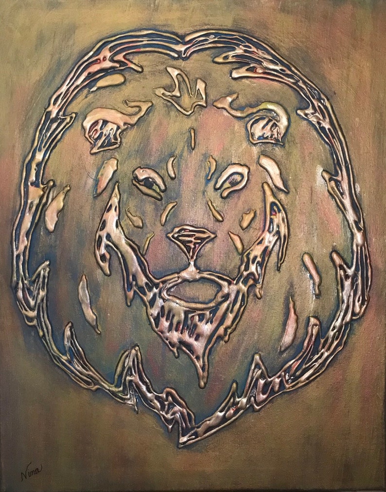 Lion face gold canvas hot glue 16x20 gold metal animals 3D