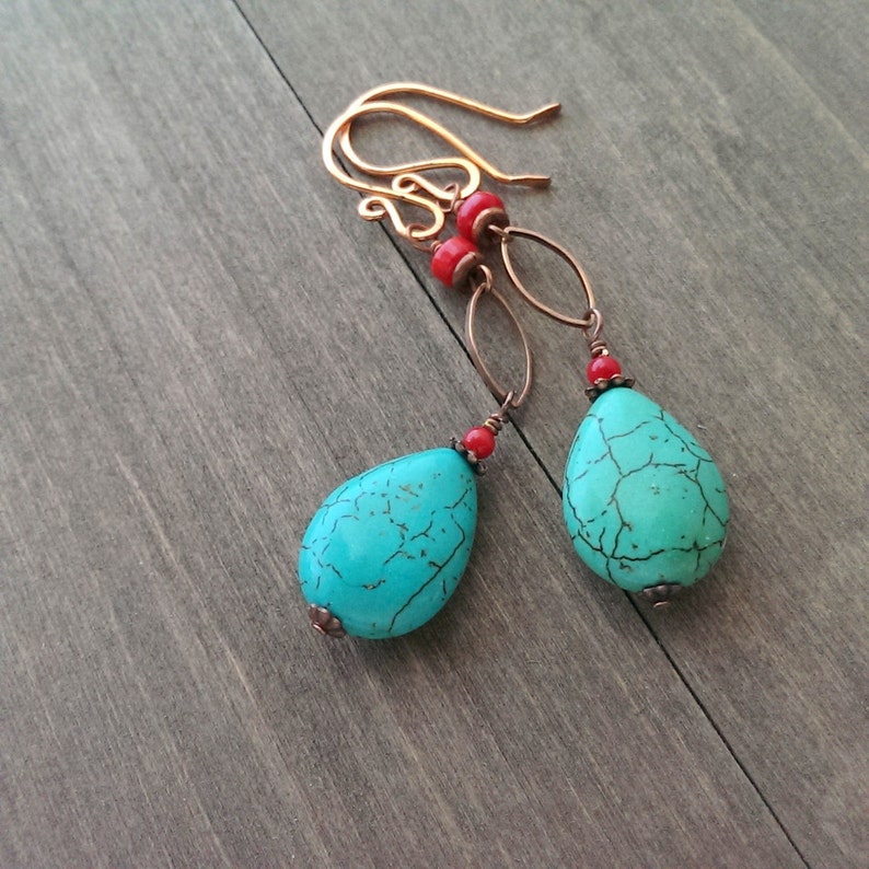 Turquoise and coral earrings antiqued copper earrings with | Etsy