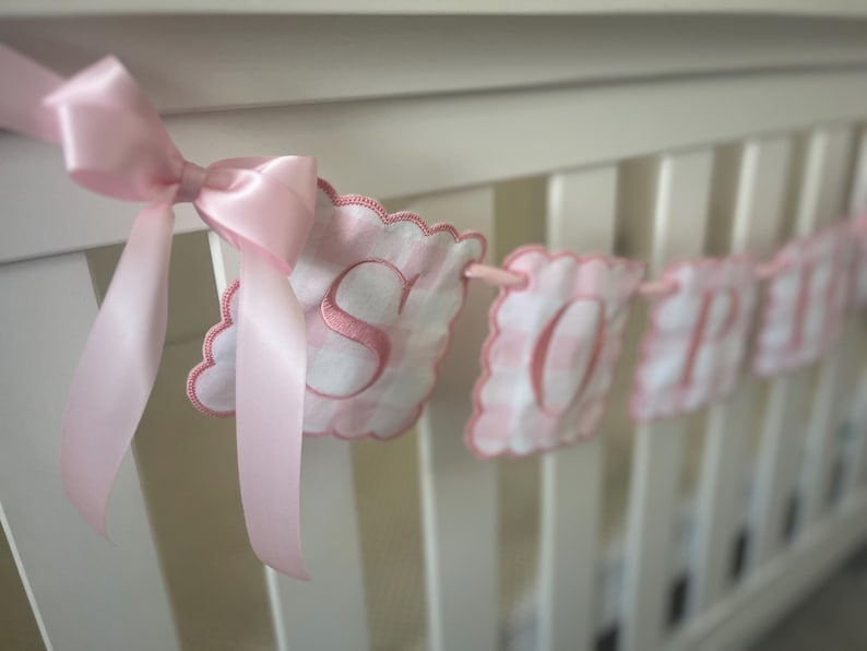 Puede incluir: Una pancarta de beb&eacute; de gingham rosa y blanco con la palabra "SO" bordada. La pancarta est&aacute; atada con una cinta rosa y cuelga de una cuna blanca.