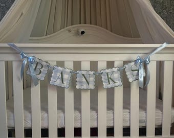 Custom Baby Name Banner, Scallopped Bow Name Banner, Embroidered Baby Banner, Blue and Green Baby Name Banner, Custom Embroidered Banner