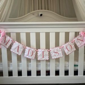 Custom Baby Name Banner, Scallopped Bow Name Banner, Embroidered Baby Banner, Pink and White Baby Name Banner, Custom Embroidered Banner