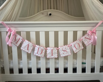 Custom Baby Name Banner, Scallopped Bow Name Banner, Embroidered Baby Banner, Pink and White Baby Name Banner, Custom Embroidered Banner