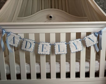 Custom Baby Name Banner, Scallopped Bow Name Banner, Embroidered Baby Banner, Blue and white Baby Name Banner, Custom Embroidered Banner