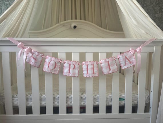 Custom Baby Name Banner, Scallopped Bow Name Banner, Embroidered Baby Banner, Pink and White Baby Name Banner, Custom Embroidered Banner