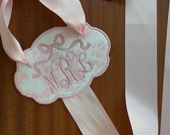 Bow Hanger, Custom Monogrammed Bow Hanger, Embroidered Toile Bow Hanger, Monogrammed Toile Bow Hanger, Pink and White Bow Hanger,