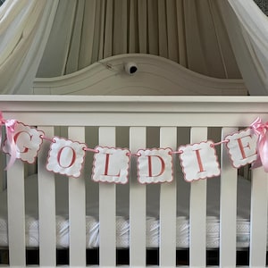 Custom Baby Name Banner, Scallopped Bow Name Banner, Embroidered Baby Banner, Pink and White Baby Name Banner, Custom Embroidered Banner