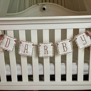 Custom Baby Name Banner, Scallopped Bow Name Banner, Embroidered Baby Banner, Pink and White Baby Name Banner, Custom Embroidered Banner