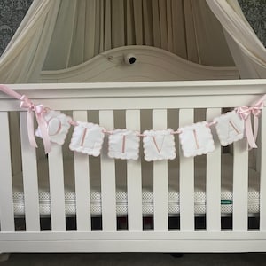Custom Baby Name Banner, Scallopped Bow Name Banner, Embroidered Baby Banner, Pink and White Baby Name Banner, Custom Embroidered Banner
