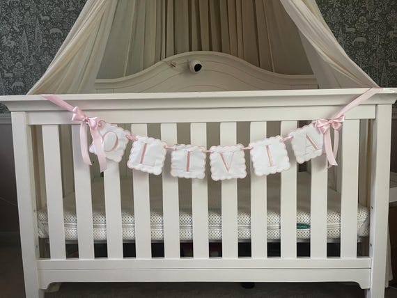 Custom Baby Name Banner, Scallopped Bow Name Banner, Embroidered Baby Banner, Pink and White Baby Name Banner, Custom Embroidered Banner