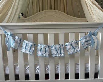 Custom Baby Name Banner, Scallopped Bow Name Banner, Embroidered Baby Banner, Blue and White Baby Name Banner, Custom Embroidered Banner