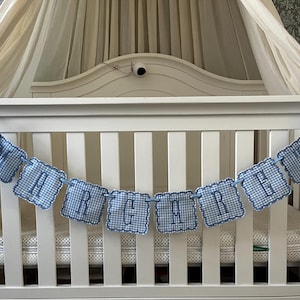 Custom Baby Name Banner, Scallopped Bow Name Banner, Embroidered Baby Banner, Blue and White Baby Name Banner, Custom Embroidered Banner