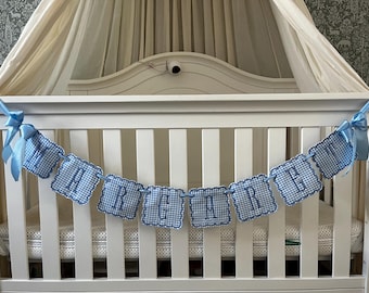 Custom Baby Name Banner, Scallopped Bow Name Banner, Embroidered Baby Banner, Blue and White Baby Name Banner, Custom Embroidered Banner