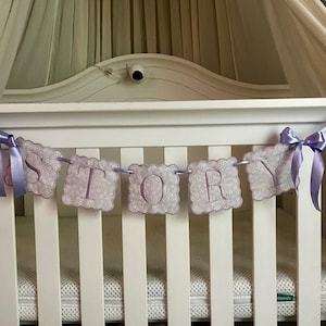 Custom Baby Name Banner, Scallopped Bow Name Banner, Embroidered Baby Banner, Pink and White Baby Name Banner, Custom Embroidered Banner
