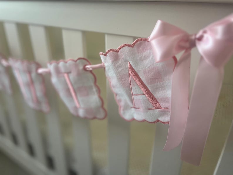 Puede incluir: Una pancarta de beb&eacute; de vichy rosa y blanco con las letras "TIA" bordadas en rosa. La pancarta est&aacute; enhebrada con una cinta rosa.