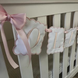 Custom Baby Name Banner, Scallopped Bow Name Banner, Embroidered Baby Banner, Pink and White Baby Name Banner, Custom Embroidered Banner image 4