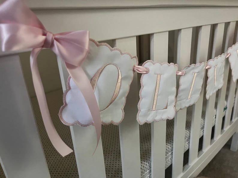 Custom Baby Name Banner, Scallopped Bow Name Banner, Embroidered Baby Banner, Pink and White Baby Name Banner, Custom Embroidered Banner image 4