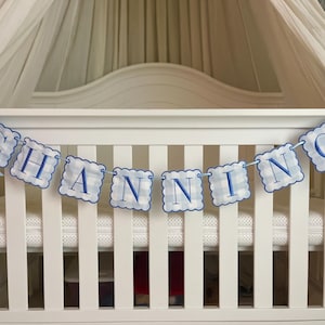 Custom Baby Name Banner, Scallopped Bow Name Banner, Embroidered Baby Banner, Blue and White Baby Name Banner, Custom Embroidered Banner