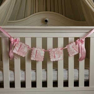 Custom Baby Name Banner, Scallopped Bow Name Banner, Embroidered Baby Banner, Pink and White Baby Name Banner, Custom Embroidered Banner