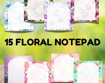 Puede incluir: Un conjunto de 15 páginas de bloc de notas florales con fondo blanco y una variedad de diseños florales en rosa, morado, azul y verde.