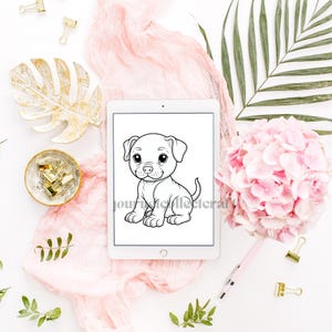 May include: A black and white line drawing of a cute puppy sitting on a white background. The puppy has big eyes and a happy expression. The drawing is on a tablet screen.