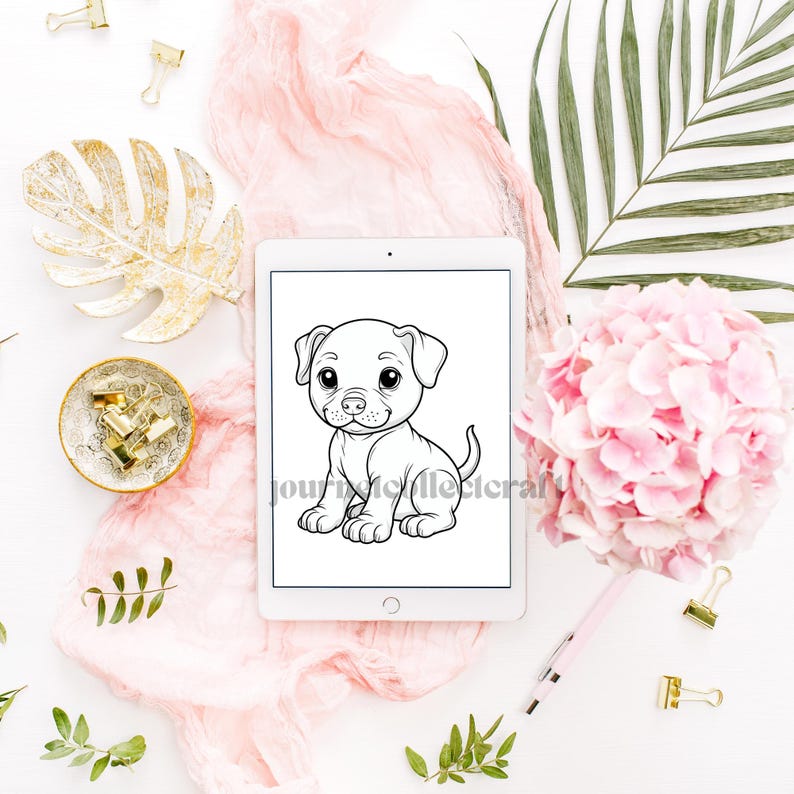 May include: A black and white line drawing of a cute puppy sitting on a white background. The puppy has big eyes and a happy expression. The drawing is on a tablet screen.