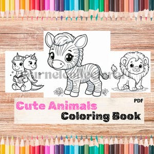 May include: A black and white coloring book with the title "Cute Animals Coloring Book" and a PDF logo. The book features three images of animals: a zebra, a unicorn and a dragon, and a lion.